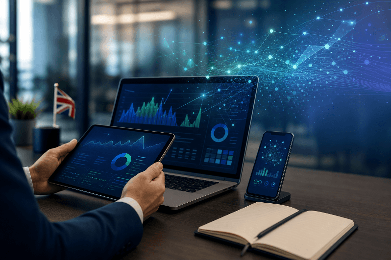 Search and social performance dashboards shown across laptop, tablet and mobile